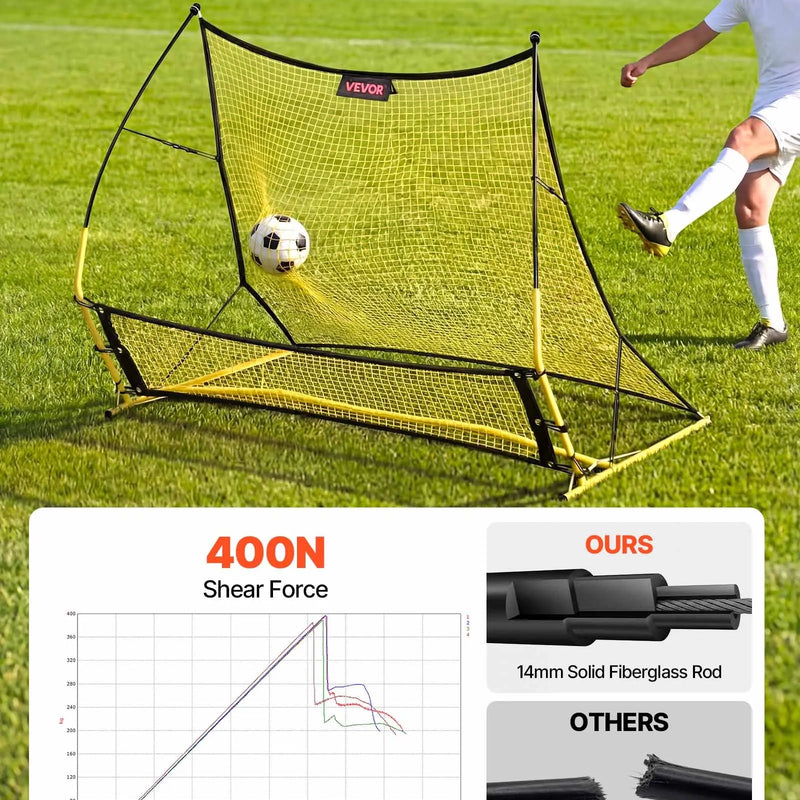 VEVOR futbola atsitiena tīkls 2 vienā, 1830 × 1085 mm, futbola treniņu vārti piespēļu, bumbas kontroles un reakcijas treniņiem, ar stiklašķiedras stieņiem un tērauda rāmi