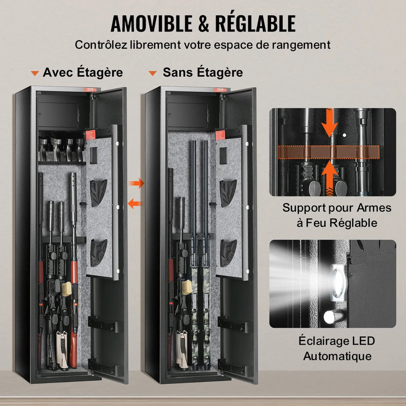 VEVOR ieroču seifs 7–8 šautenēm, šauteņu seifs ar digitālo tastatūras slēdzeni, ieroču uzglabāšanas skapis ar iebūvētu glabāšanas nodalījumu un noņemamu plauktu garo ieroču un pistoles uzglabāšanai mājās