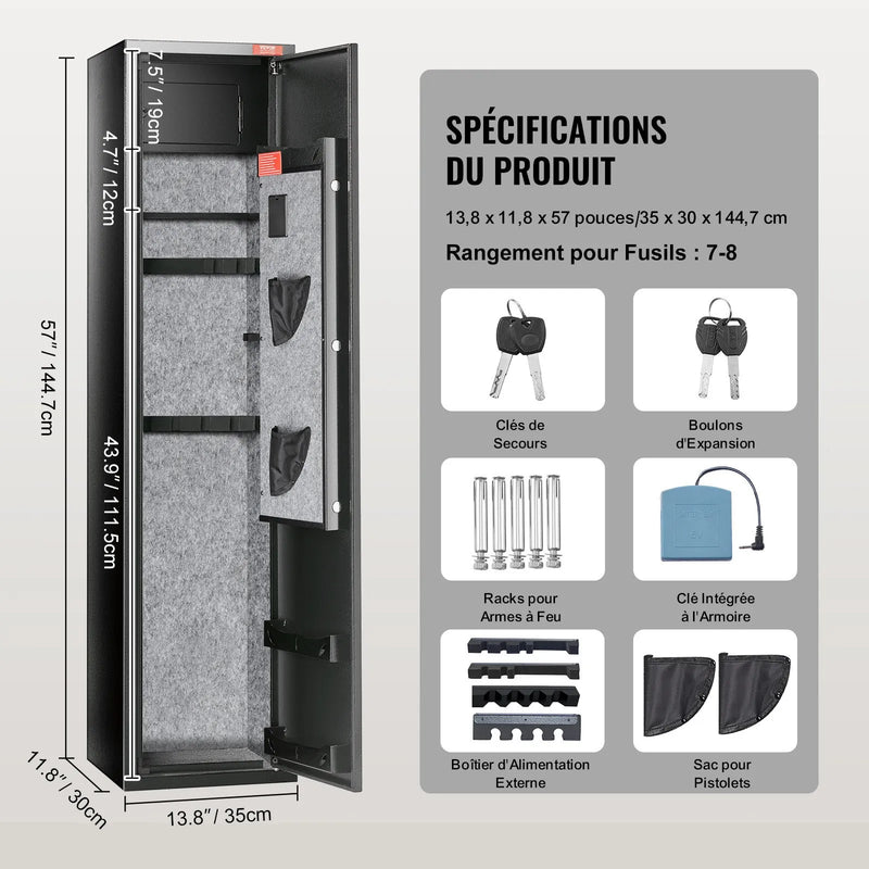 VEVOR ieroču seifs 7–8 šautenēm, šauteņu seifs ar digitālo tastatūras slēdzeni, ieroču uzglabāšanas skapis ar iebūvētu glabāšanas nodalījumu un noņemamu plauktu garo ieroču un pistoles uzglabāšanai mājās
