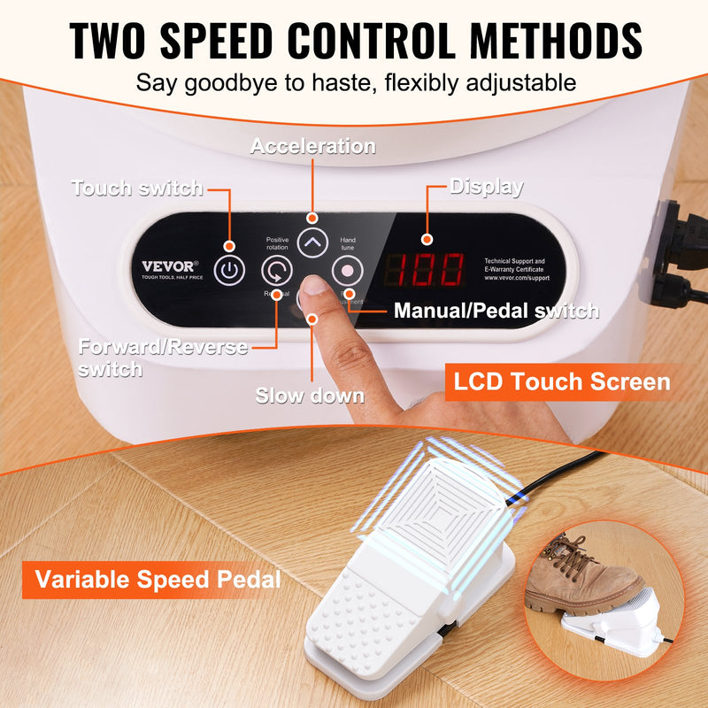 VEVOR 450W Keramikas Virpa - 28 cm Podniecības Ritenis ar Pieskārienjūtīgu Ekrānu un Kāju Pedāli, 450 W, 3 Kājām, Balta