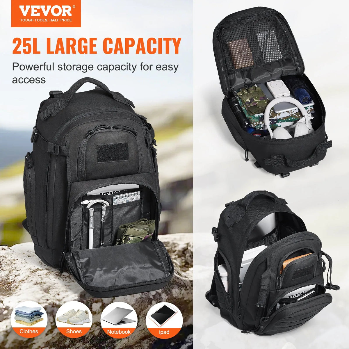 Tactical Backpack 25L Military Rucksack with MOLLE System and Padded Back, Army-Style Bag for Men and Women Hiking, Hunting and Outdoor Adventures, Black