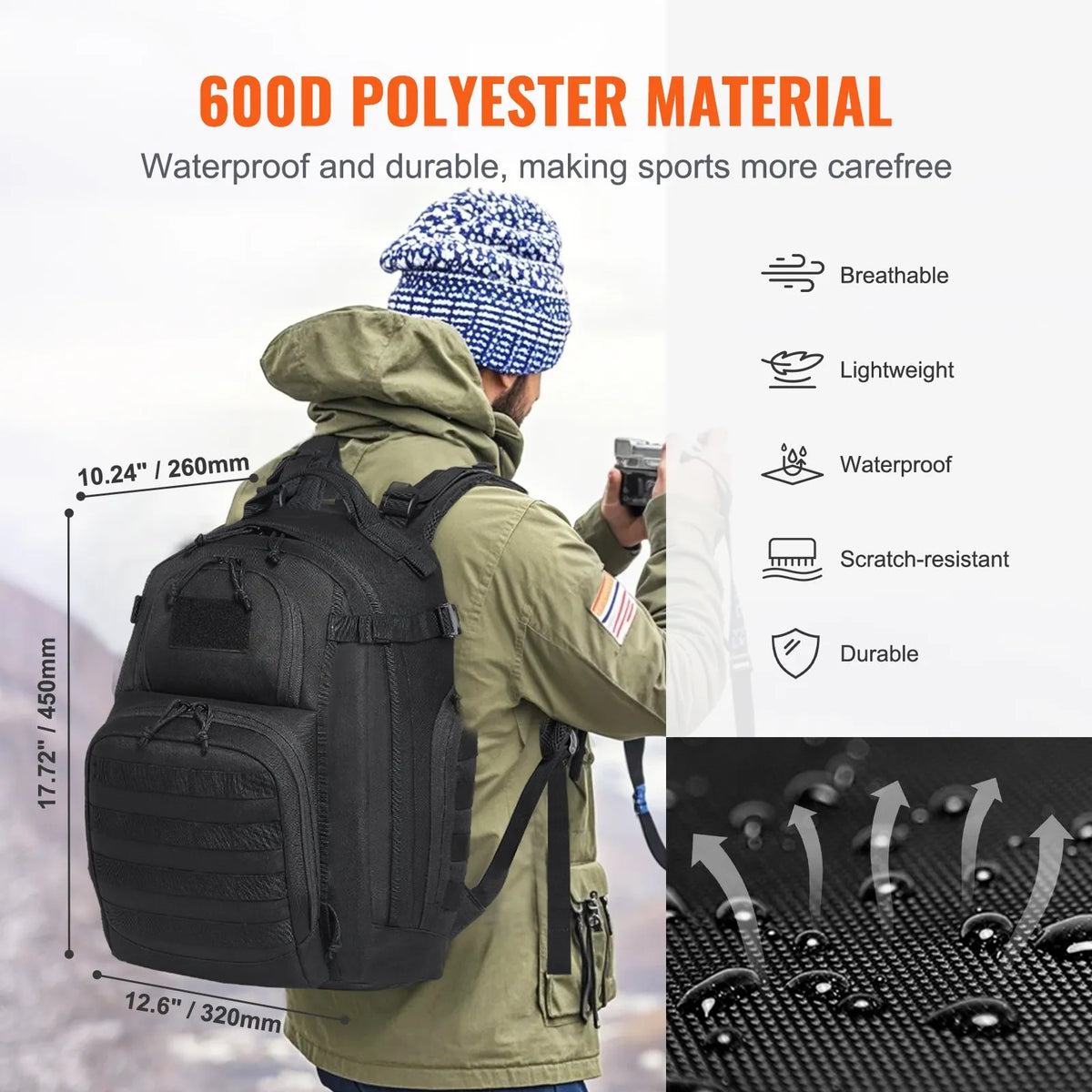 Tactical Backpack 25L Military Rucksack with MOLLE System and Padded Back, Army-Style Bag for Men and Women Hiking, Hunting and Outdoor Adventures, Black