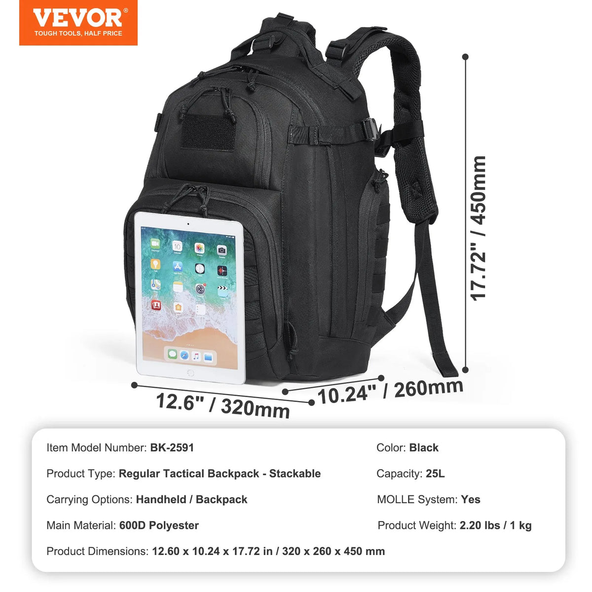 Tactical Backpack 25L Military Rucksack with MOLLE System and Padded Back, Army-Style Bag for Men and Women Hiking, Hunting and Outdoor Adventures, Black