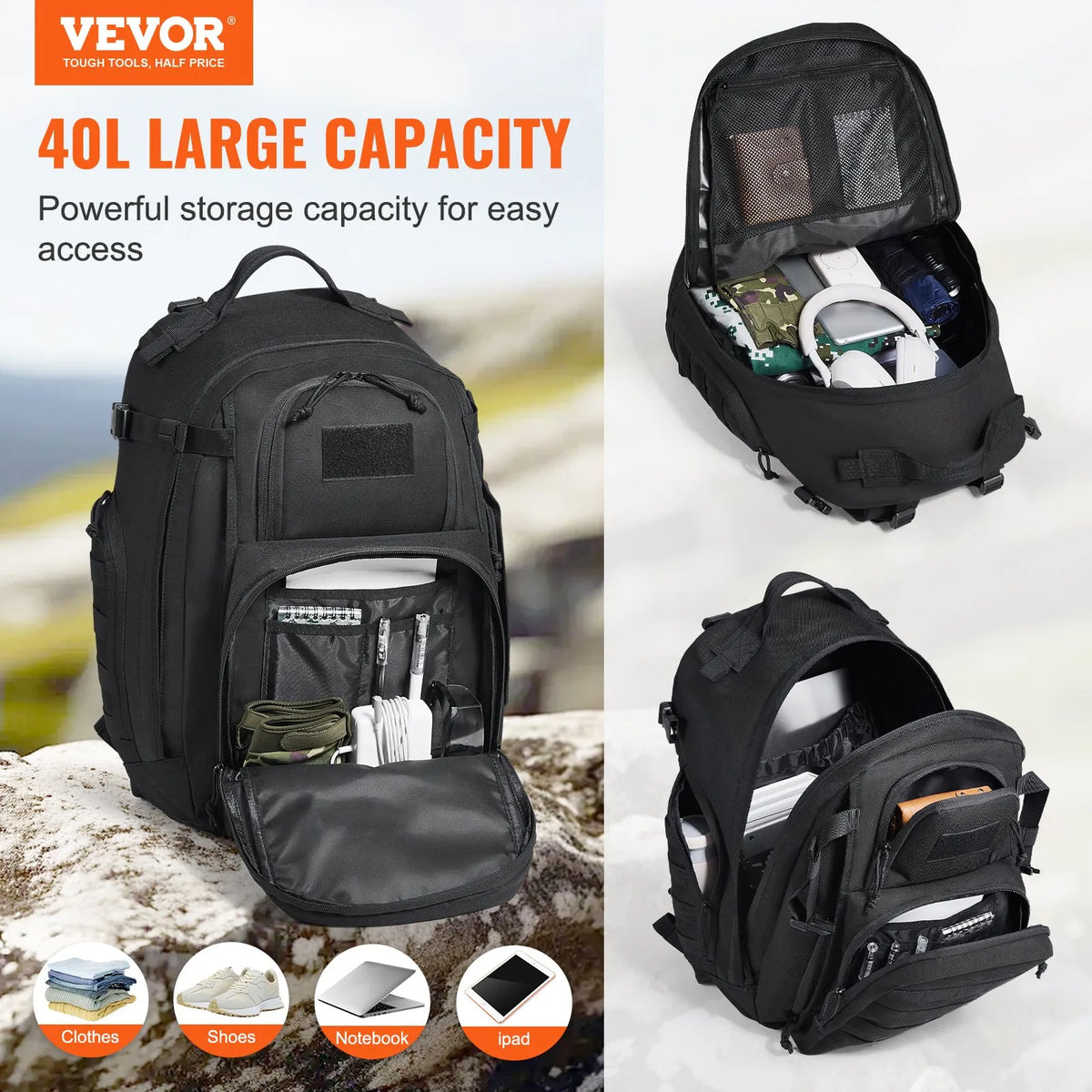 Tactical Backpack 40L Military Rucksack with MOLLE System and Padded Back, Army-Style Bag for Men and Women Hiking, Hunting and Outdoor Adventures, Black