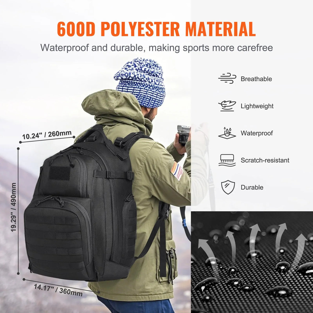 Tactical Backpack 40L Military Rucksack with MOLLE System and Padded Back, Army-Style Bag for Men and Women Hiking, Hunting and Outdoor Adventures, Black
