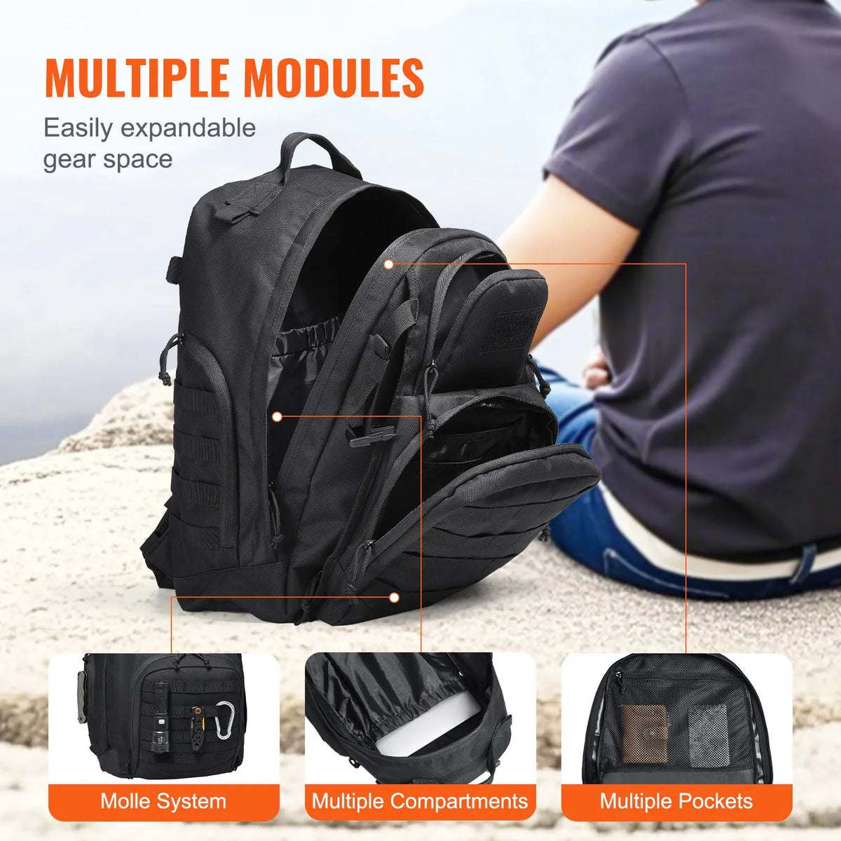 Tactical Backpack 40L Military Rucksack with MOLLE System and Padded Back, Army-Style Bag for Men and Women Hiking, Hunting and Outdoor Adventures, Black