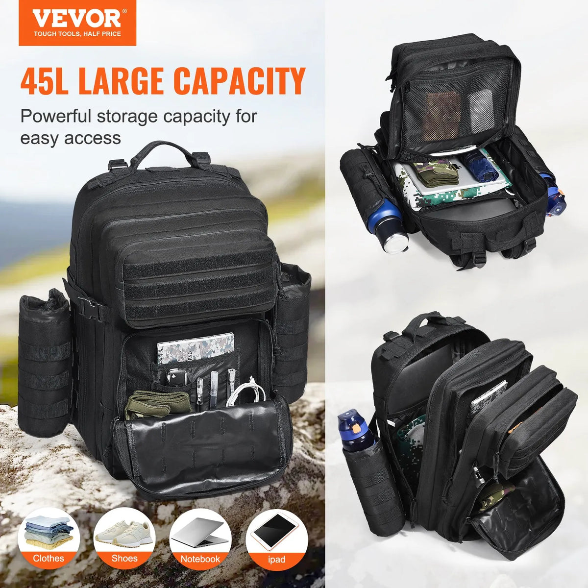 Tactical Backpack 45 L — Military Backpack with Molle System and 3 Compartments, Black