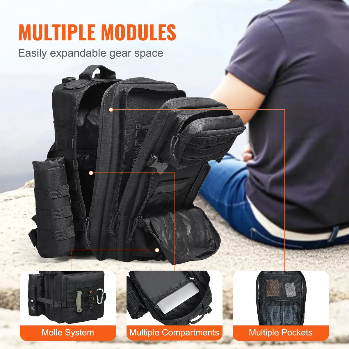 Tactical Backpack 45 L — Military Backpack with Molle System and 3 Compartments, Black