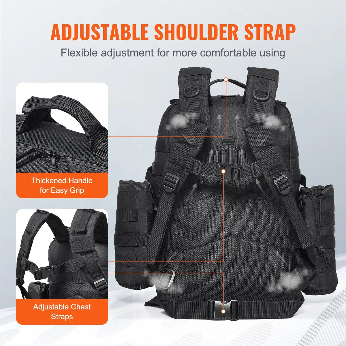 Tactical Backpack 45 L — Military Backpack with Molle System and 3 Compartments, Black