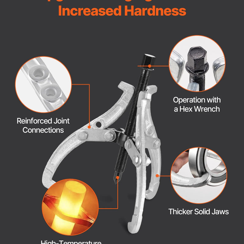 VEVOR zobratu noņēmēju komplekts, 76,2 / 101,6 / 152,4 / 203,2 mm 3-žokļu gultņu noņēmēji ar apgriežamiem žokļiem, 2-žokļu / 3-žokļu skriemeļu noņēmējs, 4 gab. gultņu noņēmēju instrumentu komplekts skriemeļu, zobratu, gultņu un spararatu demontāžai.
