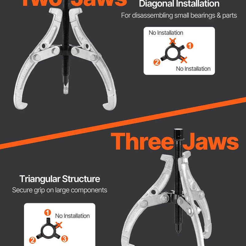VEVOR zobratu noņēmēju komplekts, 76,2 / 101,6 / 152,4 / 203,2 mm 3-žokļu gultņu noņēmēji ar apgriežamiem žokļiem, 2-žokļu / 3-žokļu skriemeļu noņēmējs, 4 gab. gultņu noņēmēju instrumentu komplekts skriemeļu, zobratu, gultņu un spararatu demontāžai.