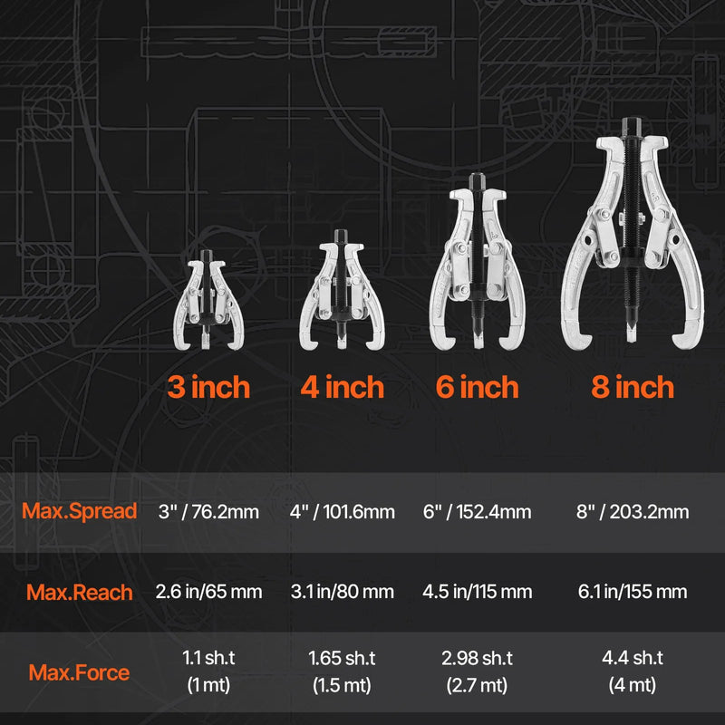 VEVOR zobratu noņēmēju komplekts, 76,2 / 101,6 / 152,4 / 203,2 mm 3-žokļu gultņu noņēmēji ar apgriežamiem žokļiem, 2-žokļu / 3-žokļu skriemeļu noņēmējs, 4 gab. gultņu noņēmēju instrumentu komplekts skriemeļu, zobratu, gultņu un spararatu demontāžai.
