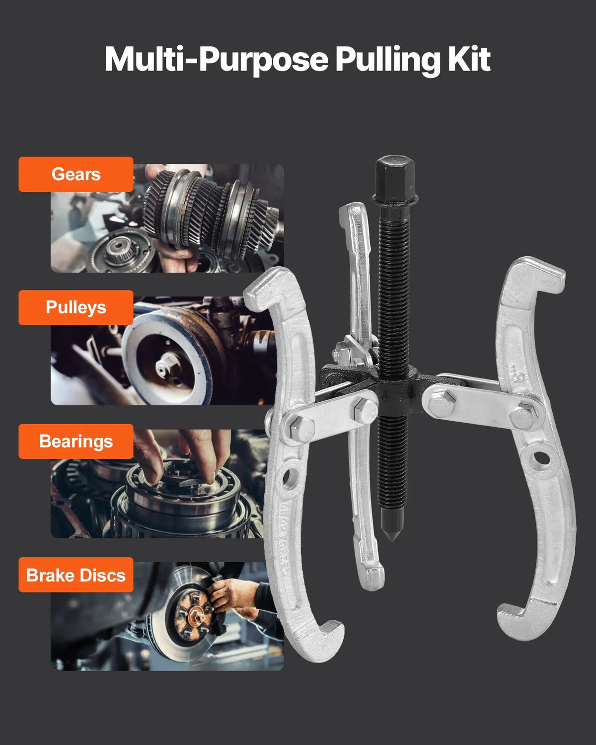 VEVOR Gear Puller Set, 76.2 / 101.6 / 152.4 / 203.2 mm 3-Jaw Bearing Pullers with Reversible Jaws, 2-Jaw / 3-Jaw Pulley Puller, 4-Piece Bearing Puller Tool Kit for Pulley, Gear, Bearing and Flywheel Removal