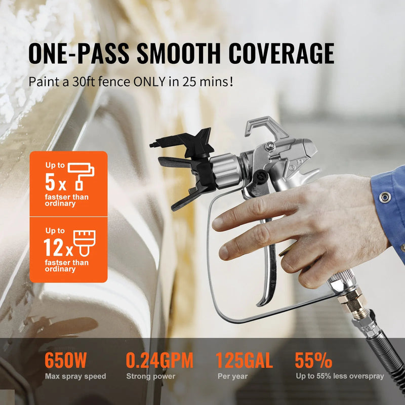 Stacionāra bezgaisa krāsošanas pistole, 0,65 kW (7/8 ZS) elektriskā krāsošanas iekārta, 200 bar augstas jaudas modelis ar pagarinājuma stieni un tīrīšanas komplektu, piemērota iekštelpu un āra mēbelēm, žogiem, mājām un skapjiem