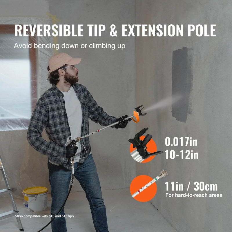 Stacionāra bezgaisa krāsošanas pistole, 0,65 kW (7/8 ZS) elektriskā krāsošanas iekārta, 200 bar augstas jaudas modelis ar pagarinājuma stieni un tīrīšanas komplektu, piemērota iekštelpu un āra mēbelēm, žogiem, mājām un skapjiem