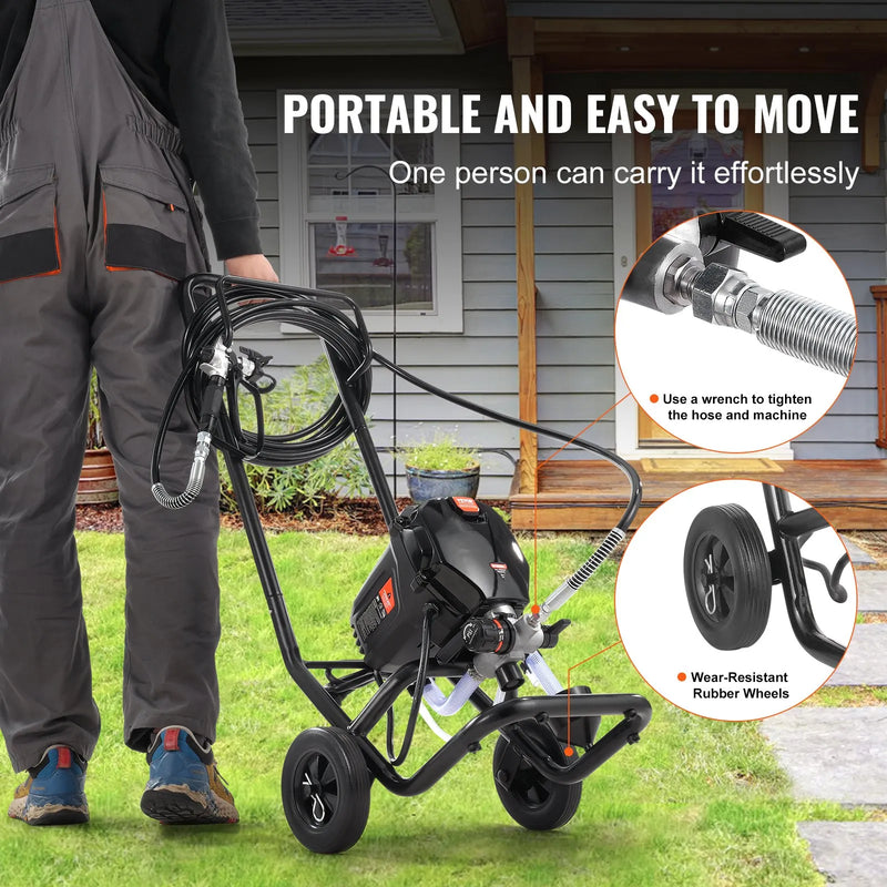 Stacionāra bezgaisa krāsošanas pistole ar ratiņiem, 750 W, 206 bar, augstas efektivitātes elektriskā krāsošanas ierīce smalkam un vienmērīgam pārklājumam, piemērota iekštelpu un āra mēbelēm, žogiem un citām virsmām