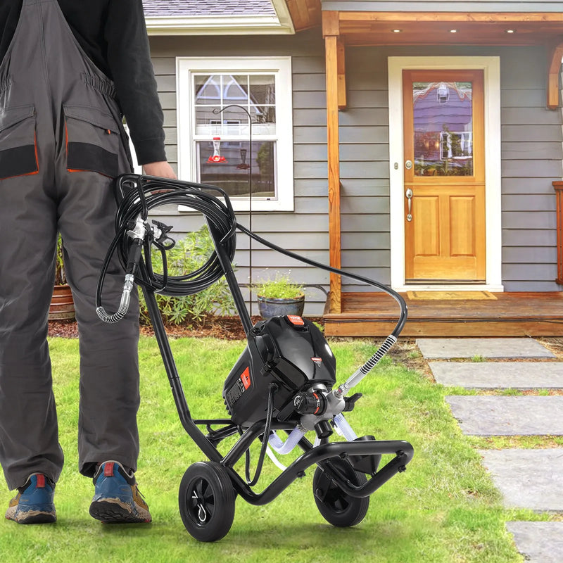 Stacionāra bezgaisa krāsošanas pistole ar ratiņiem, 750 W, 206 bar, augstas efektivitātes elektriskā krāsošanas ierīce smalkam un vienmērīgam pārklājumam, piemērota iekštelpu un āra mēbelēm, žogiem un citām virsmām