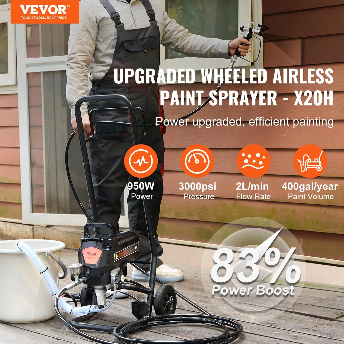 Stationary airless paint sprayer with trolley, 950 W, 206 bar, high-efficiency electric painting device for fine and even coating, suitable for indoor and outdoor furniture
