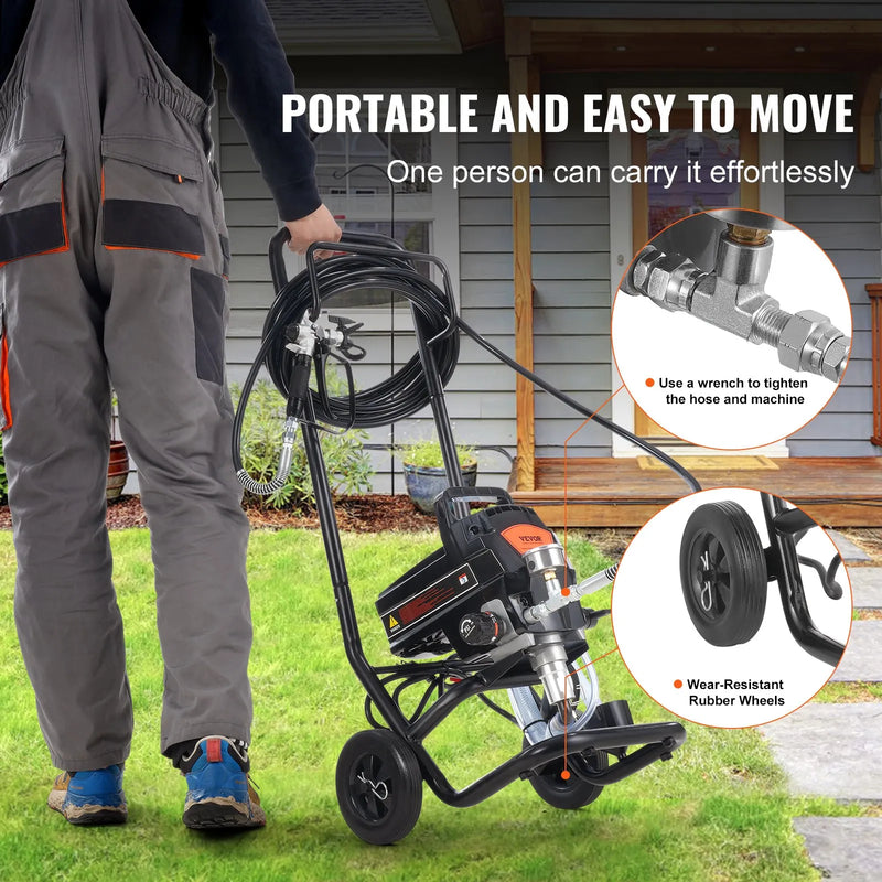 Stacionāra bezgaisa krāsošanas pistole ar ratiņiem, 950 W, 206 bar, augstas efektivitātes elektriskā krāsošanas ierīce smalkam un vienmērīgam pārklājumam, piemērota iekštelpu un āra mēbelēm