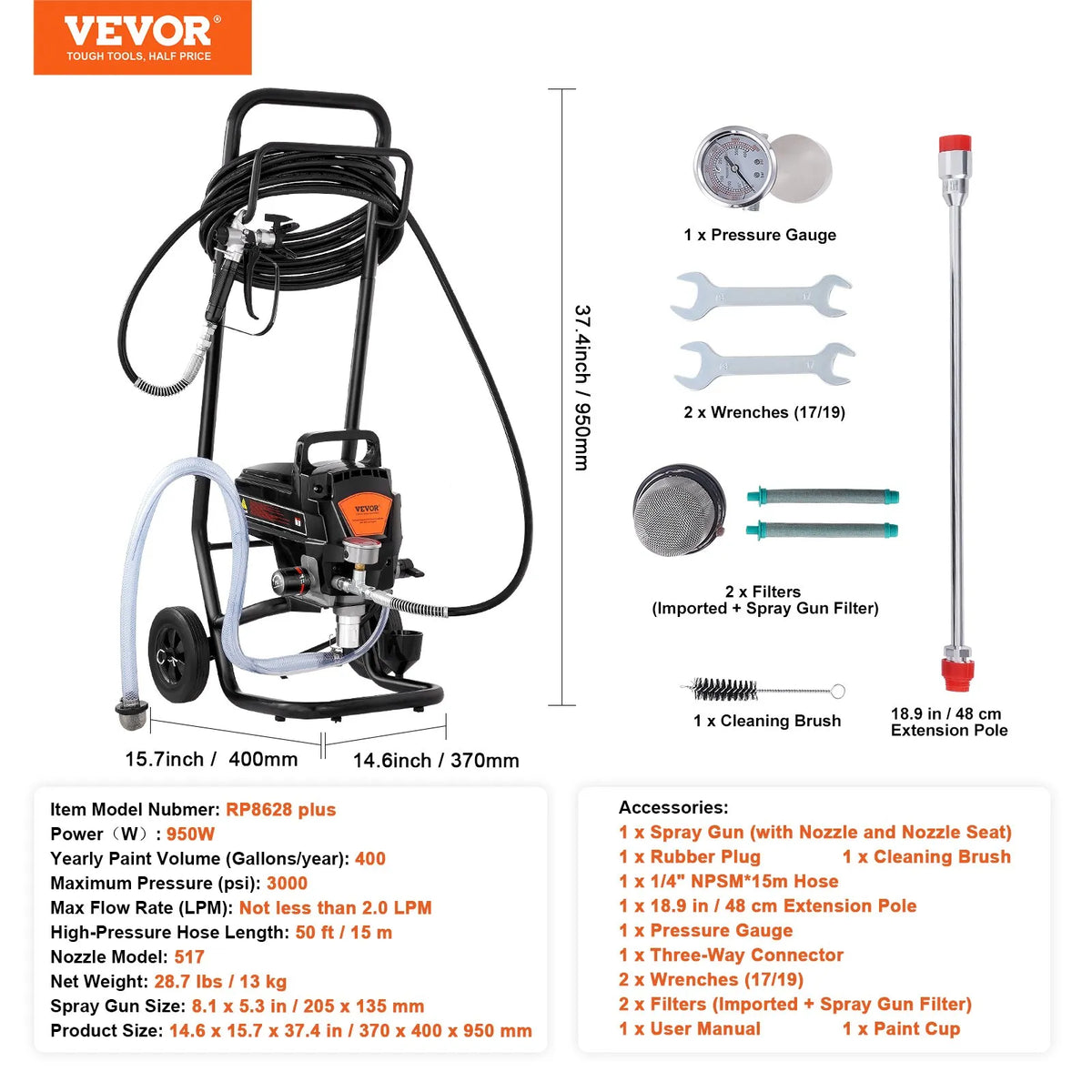 Stationary airless paint sprayer with trolley, 950 W, 206 bar, high-efficiency electric painting device for fine and even coating, suitable for indoor and outdoor furniture