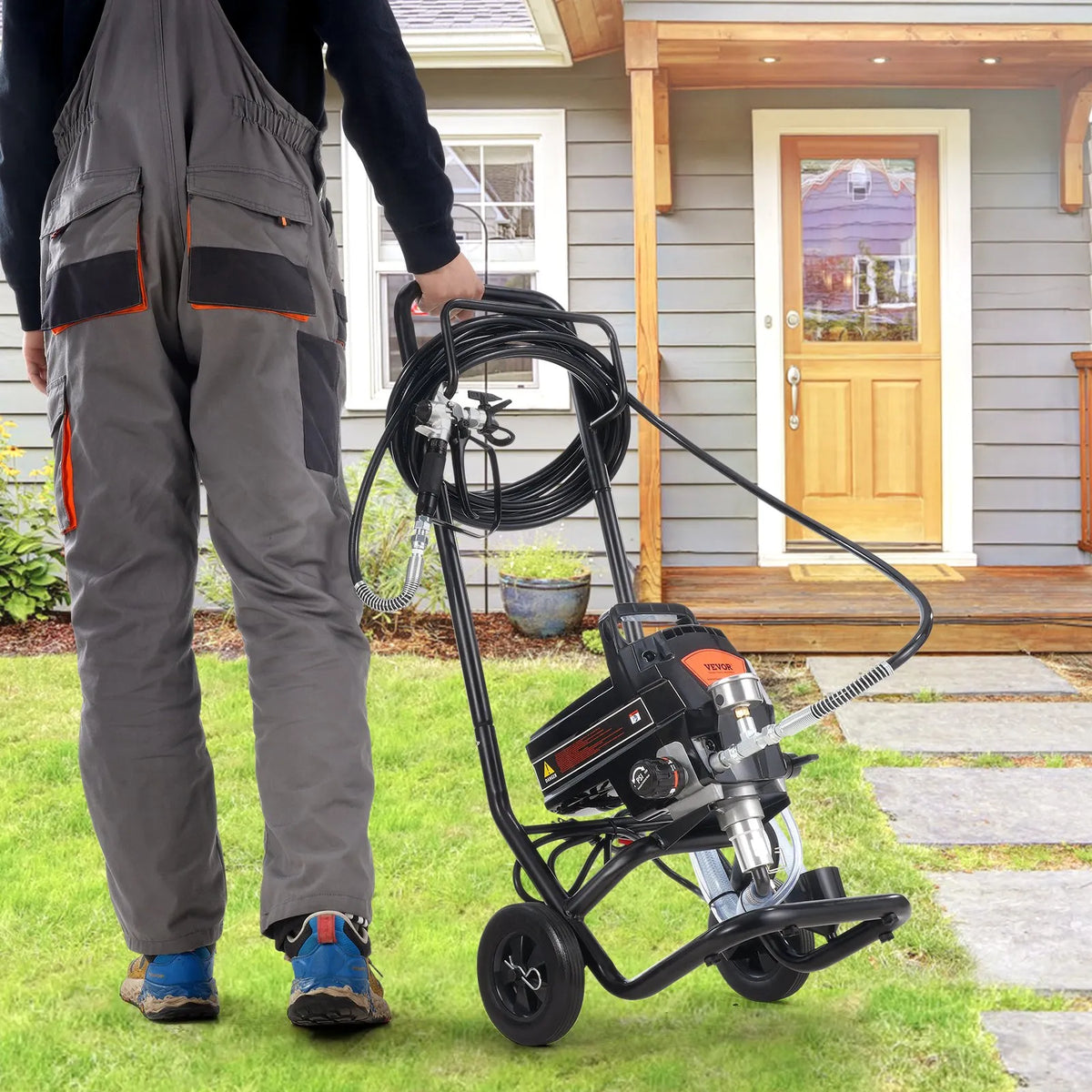 Stationary airless paint sprayer with trolley, 950 W, 206 bar, high-efficiency electric painting device for fine and even coating, suitable for indoor and outdoor furniture
