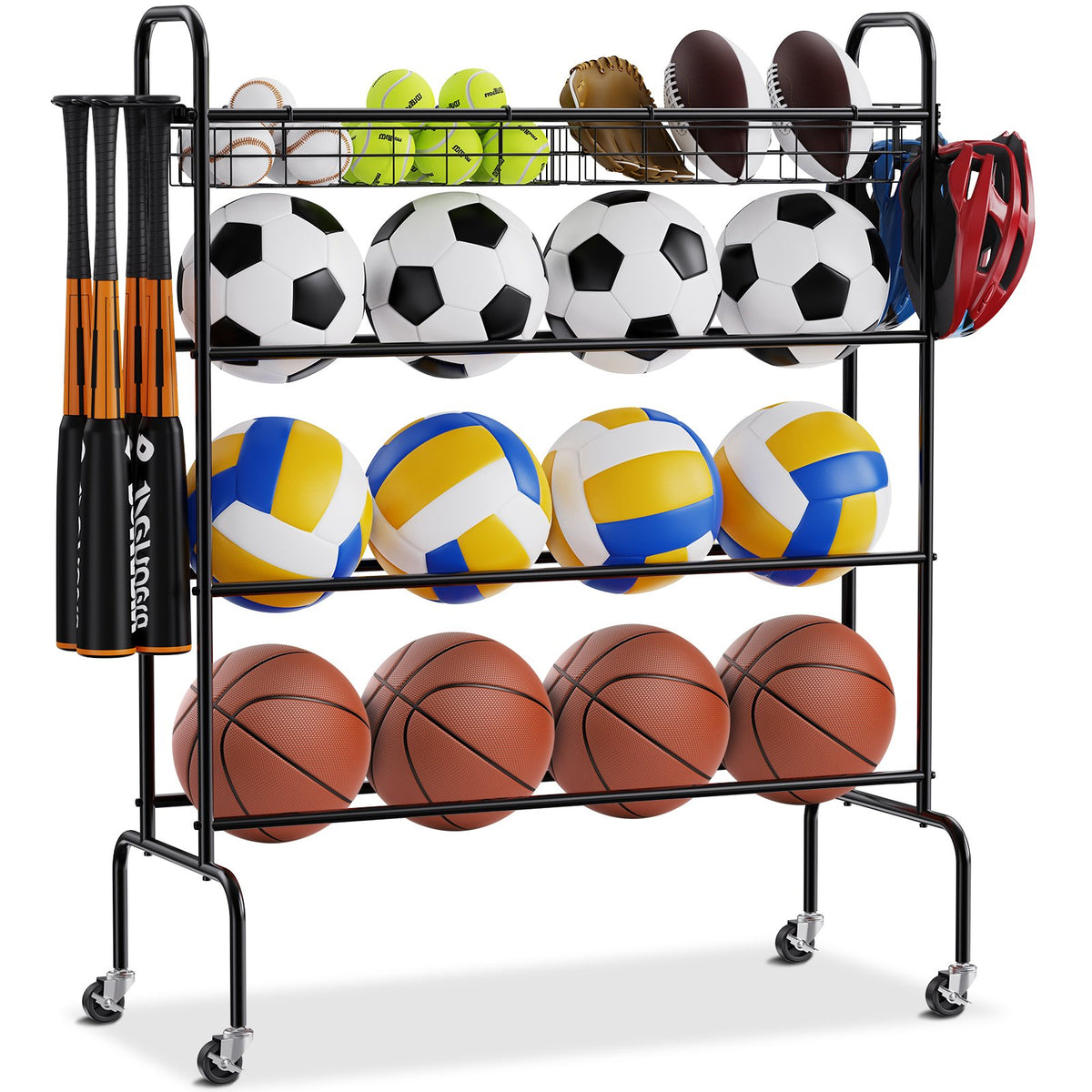 VEVOR 4-Tier Sports Equipment Rack on Wheels with Hooks and Baskets