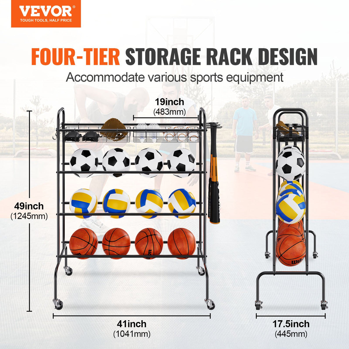 VEVOR 4-Tier Sports Equipment Rack on Wheels with Hooks and Baskets
