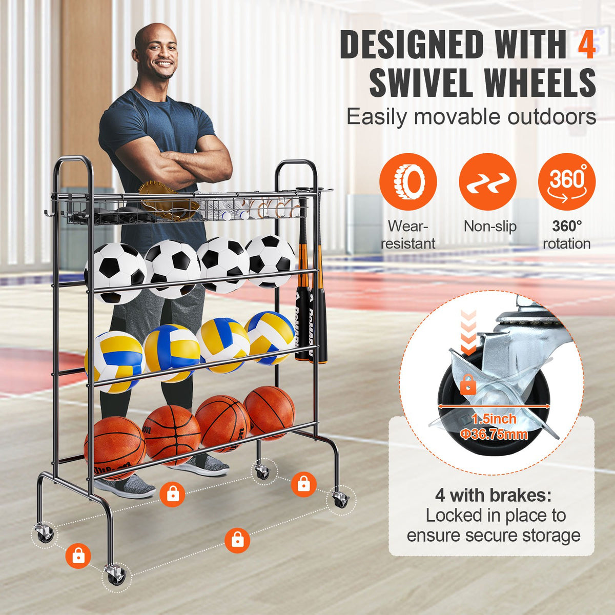 VEVOR 4-Tier Sports Equipment Rack on Wheels with Hooks and Baskets