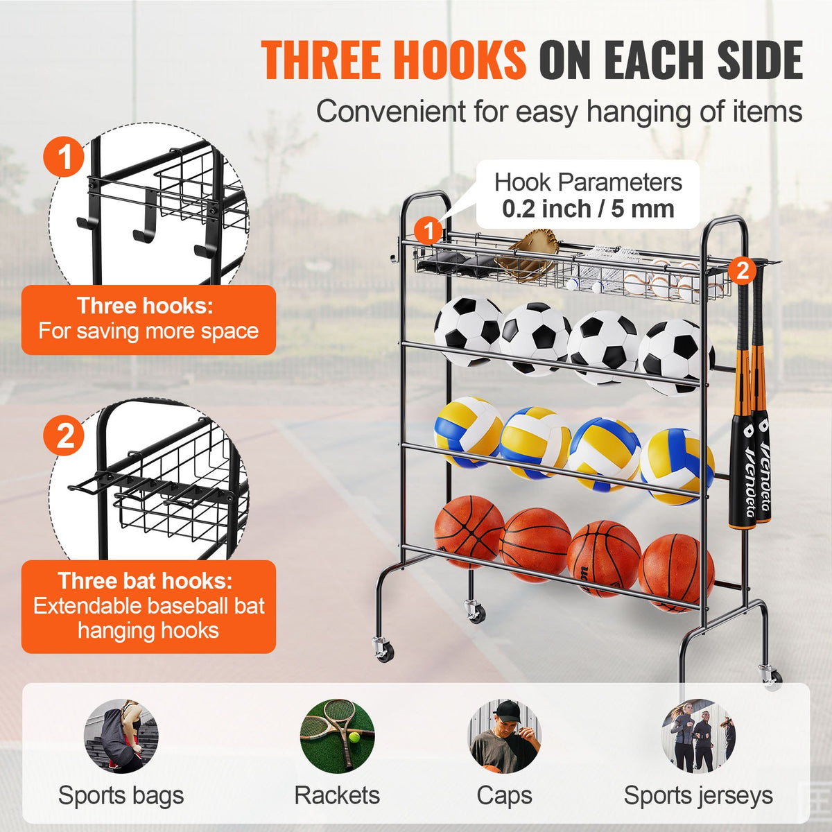 VEVOR 4-Tier Sports Equipment Rack on Wheels with Hooks and Baskets