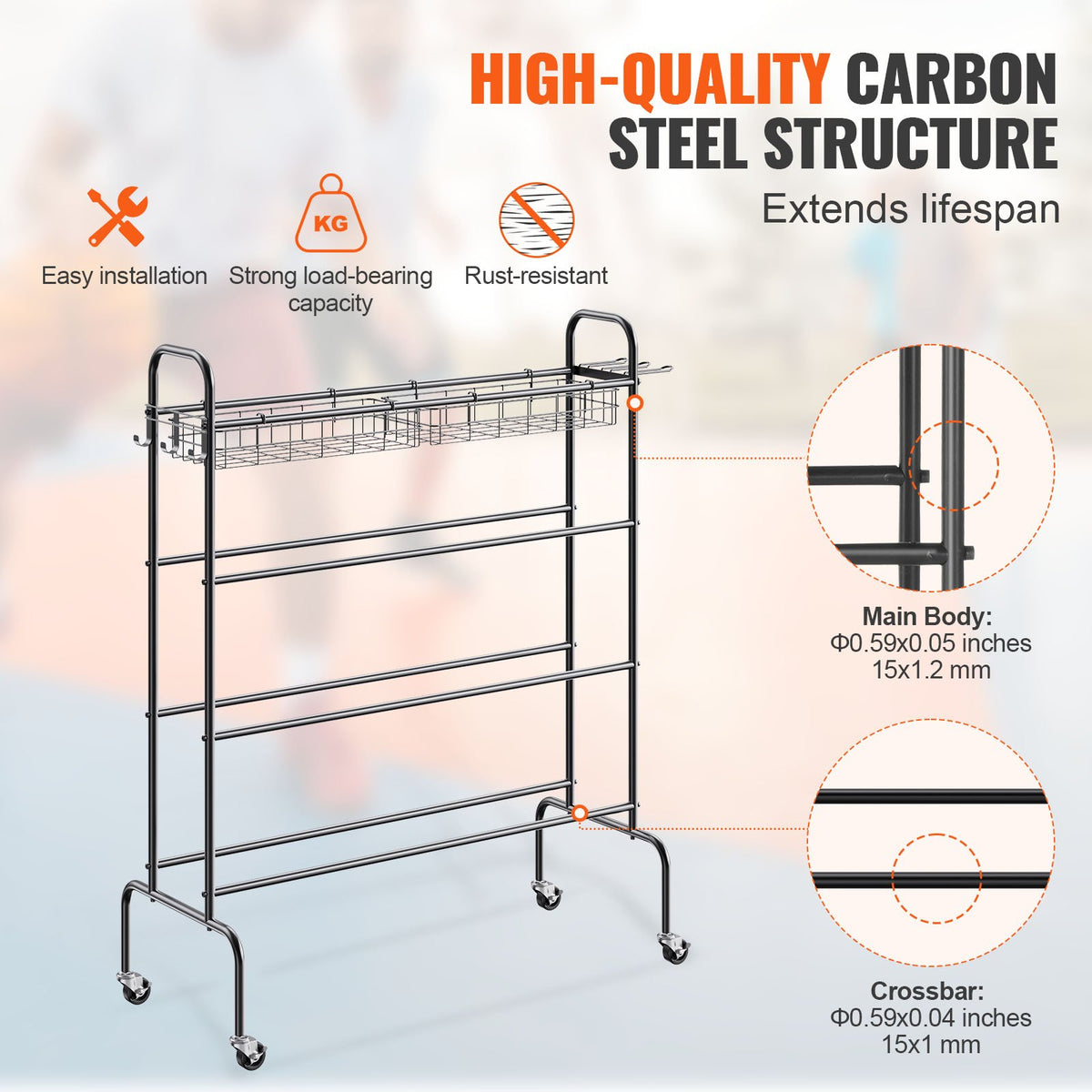 VEVOR 4-Tier Sports Equipment Rack on Wheels with Hooks and Baskets