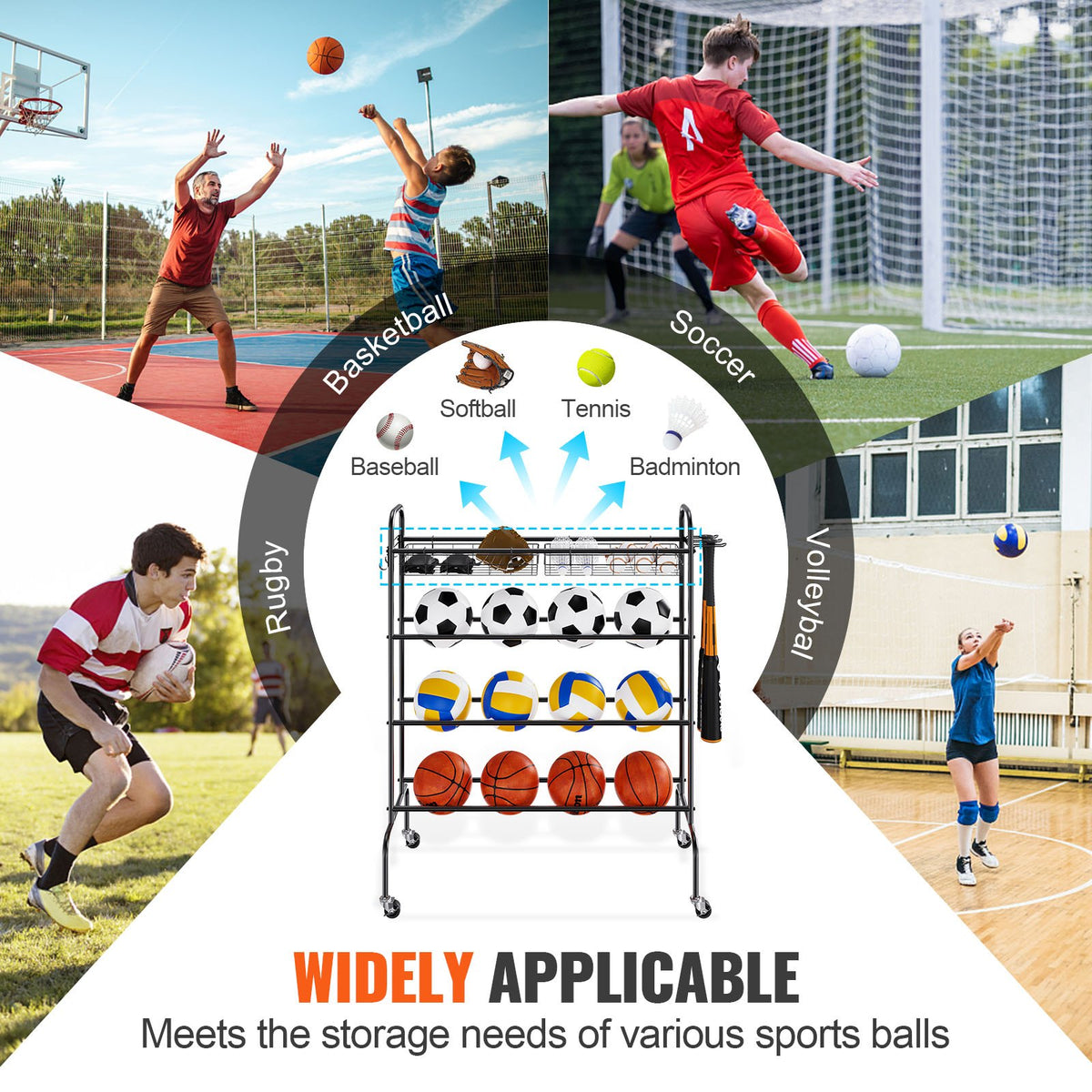 VEVOR 4-Tier Sports Equipment Rack on Wheels with Hooks and Baskets