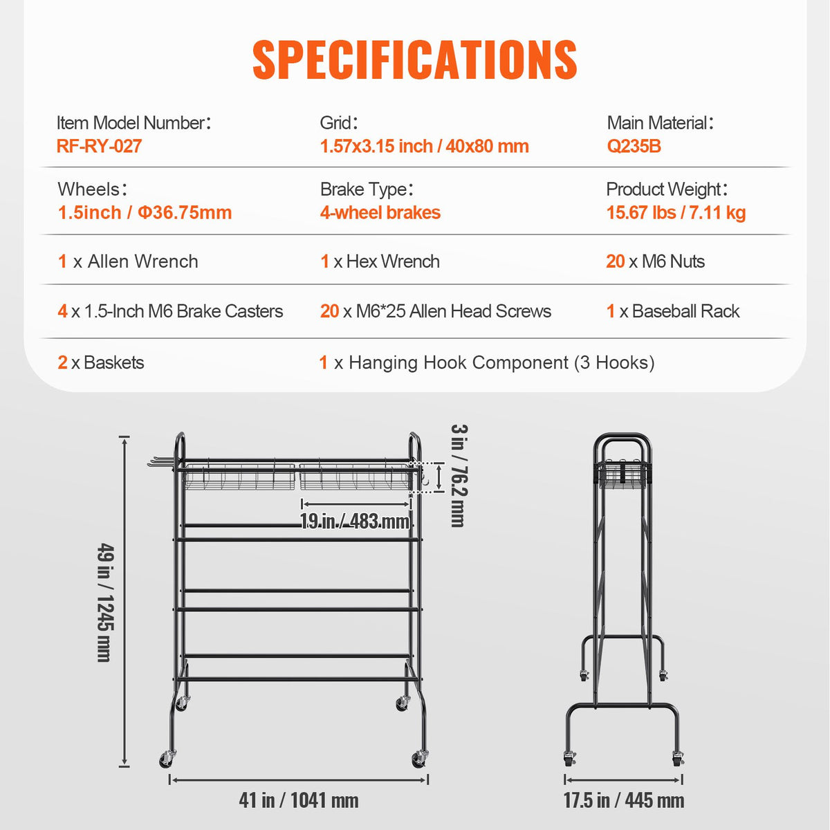 VEVOR 4-Tier Sports Equipment Rack on Wheels with Hooks and Baskets