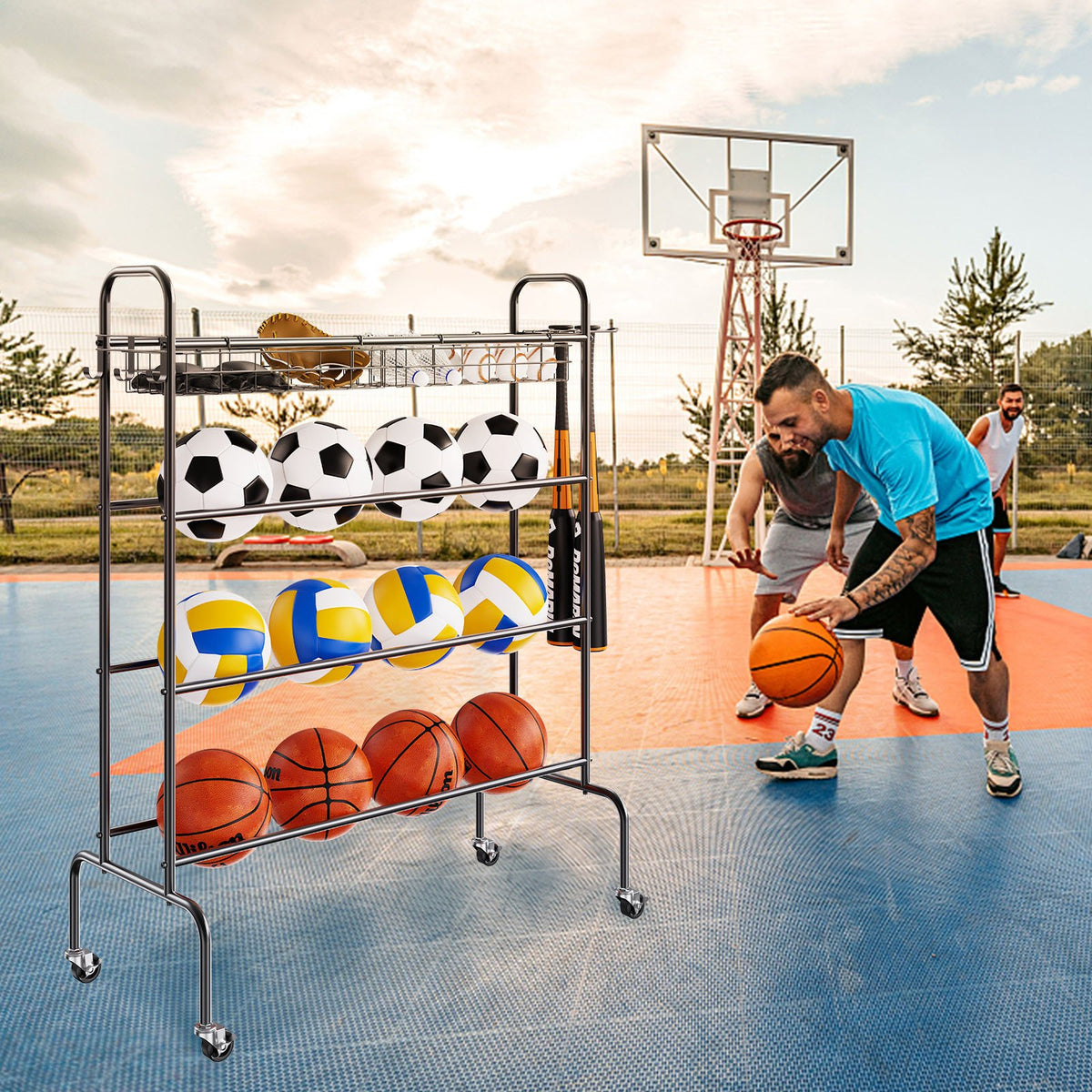 VEVOR 4-Tier Sports Equipment Rack on Wheels with Hooks and Baskets