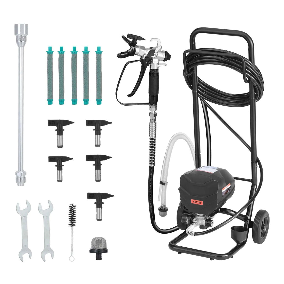 VEVOR Airless Paint Sprayer, 650 W, 20.7 MPa High-Pressure Airless Painting Machine with Cart, Cleaning Brush, Hose, Extension Rod and Nozzles, Electric Paint Sprayer for Indoor and Outdoor Work