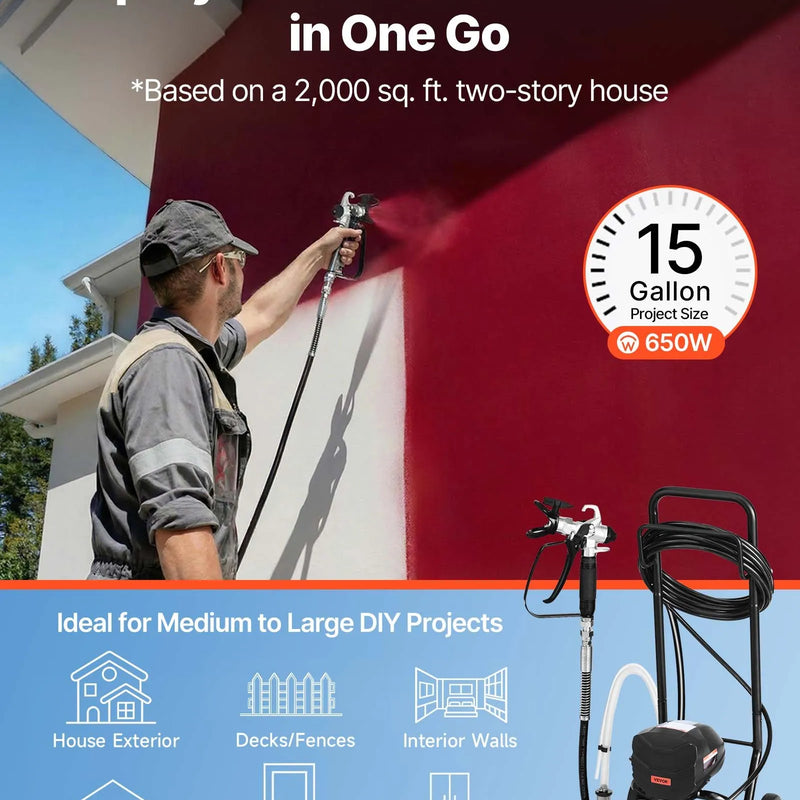 VEVOR statīva tipa bezgaisa krāsas smidzinātājs, 650 W, 20,7 MPa augstspiediena bezgaisa krāsošanas iekārta ar ratiņiem, tīrīšanas birsti, šļūteni, pagarinājuma kātu un sprauslām, elektriskā krāsošanas iekārta mājas iekšdarbiem un ārdarbiem