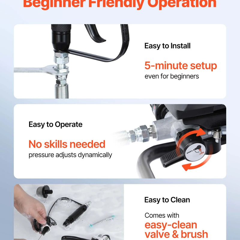 VEVOR statīva tipa bezgaisa krāsas smidzinātājs, 650 W, 20,7 MPa augstspiediena bezgaisa krāsošanas iekārta ar ratiņiem, tīrīšanas birsti, šļūteni, pagarinājuma kātu un sprauslām, elektriskā krāsošanas iekārta mājas iekšdarbiem un ārdarbiem