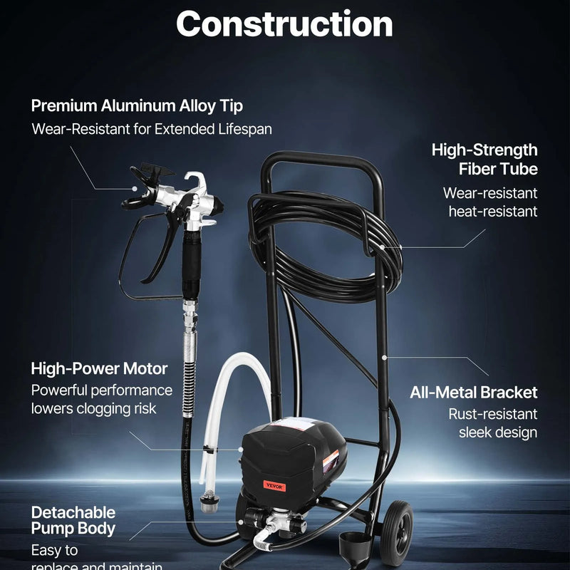 VEVOR statīva tipa bezgaisa krāsas smidzinātājs, 650 W, 20,7 MPa augstspiediena bezgaisa krāsošanas iekārta ar ratiņiem, tīrīšanas birsti, šļūteni, pagarinājuma kātu un sprauslām, elektriskā krāsošanas iekārta mājas iekšdarbiem un ārdarbiem