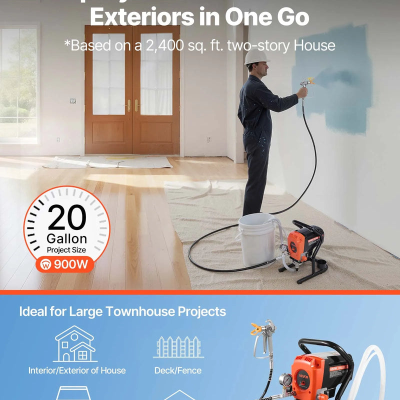 VEVOR bezgaisa krāsošanas smidzinātājs uz statīva, 900 W, augstspiediena krāsas smidzinātājs līdz 227 bar, komplektā šļūtene, pagarinājuma stienis, sprauslas un tīrīšanas birste, paredzēts iekštelpu un āra krāsošanai, mājai un žogiem