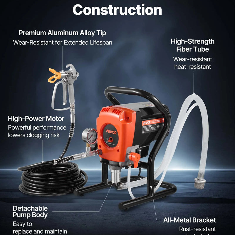VEVOR bezgaisa krāsošanas smidzinātājs uz statīva, 900 W, augstspiediena krāsas smidzinātājs līdz 227 bar, komplektā šļūtene, pagarinājuma stienis, sprauslas un tīrīšanas birste, paredzēts iekštelpu un āra krāsošanai, mājai un žogiem