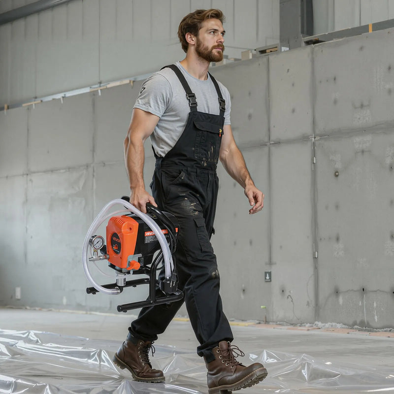 VEVOR bezgaisa krāsošanas smidzinātājs uz statīva, 900 W, augstspiediena krāsas smidzinātājs līdz 227 bar, komplektā šļūtene, pagarinājuma stienis, sprauslas un tīrīšanas birste, paredzēts iekštelpu un āra krāsošanai, mājai un žogiem