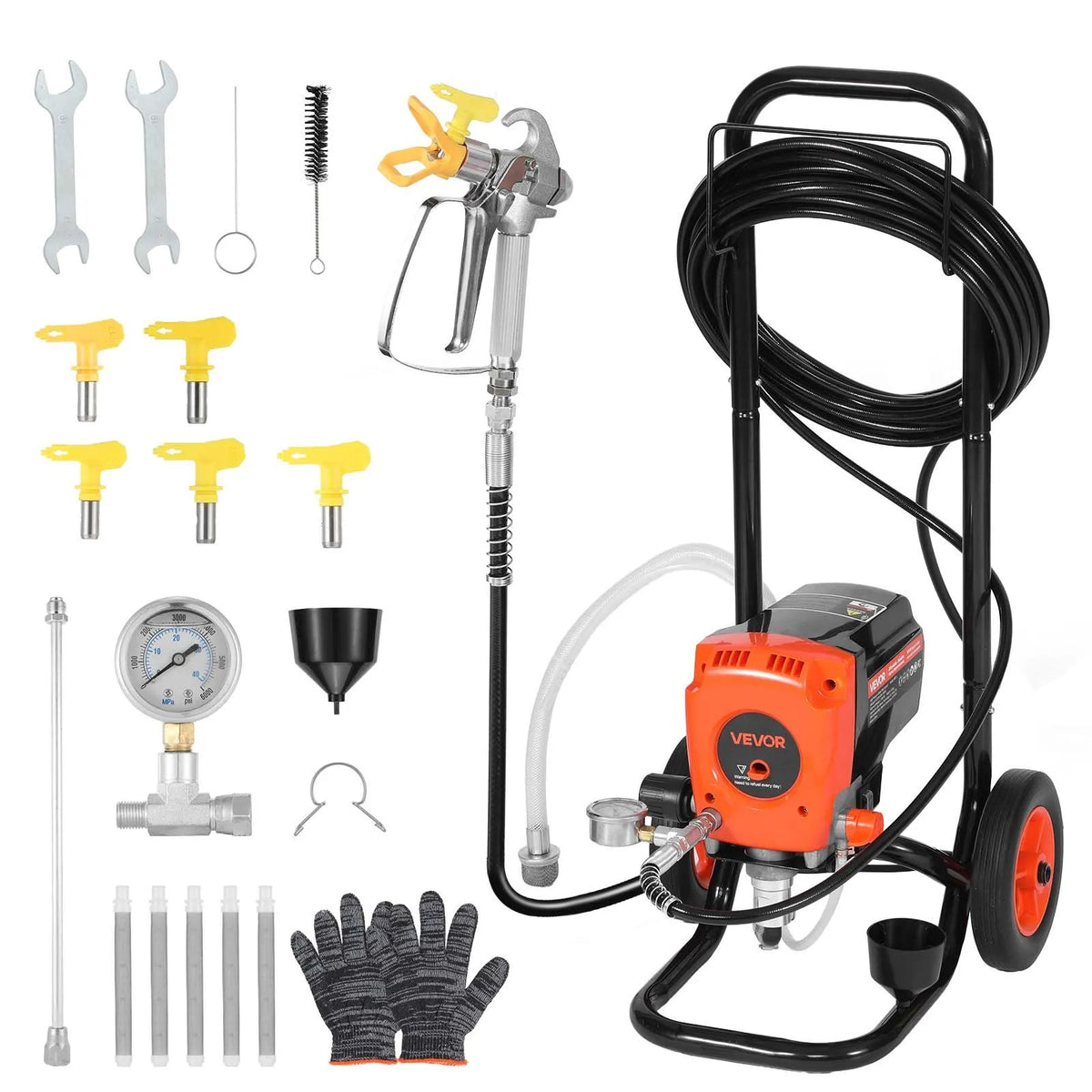 VEVOR Airless Paint Sprayer, 900 W, 22.8 MPa High-Pressure Airless Painting Machine with Cart, Cleaning Brush, Hose, Extension Rod and Nozzles, Electric Paint Sprayer for Indoor and Outdoor Work