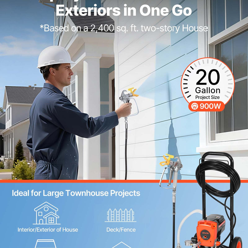 VEVOR statīva tipa bezgaisa krāsas smidzinātājs, 900 W, 22,8 MPa augstspiediena bezgaisa krāsošanas iekārta ar ratiņiem, tīrīšanas birsti, šļūteni, pagarinājuma kātu un sprauslām, elektriskā krāsošanas iekārta mājas iekšdarbiem un ārdarbiem