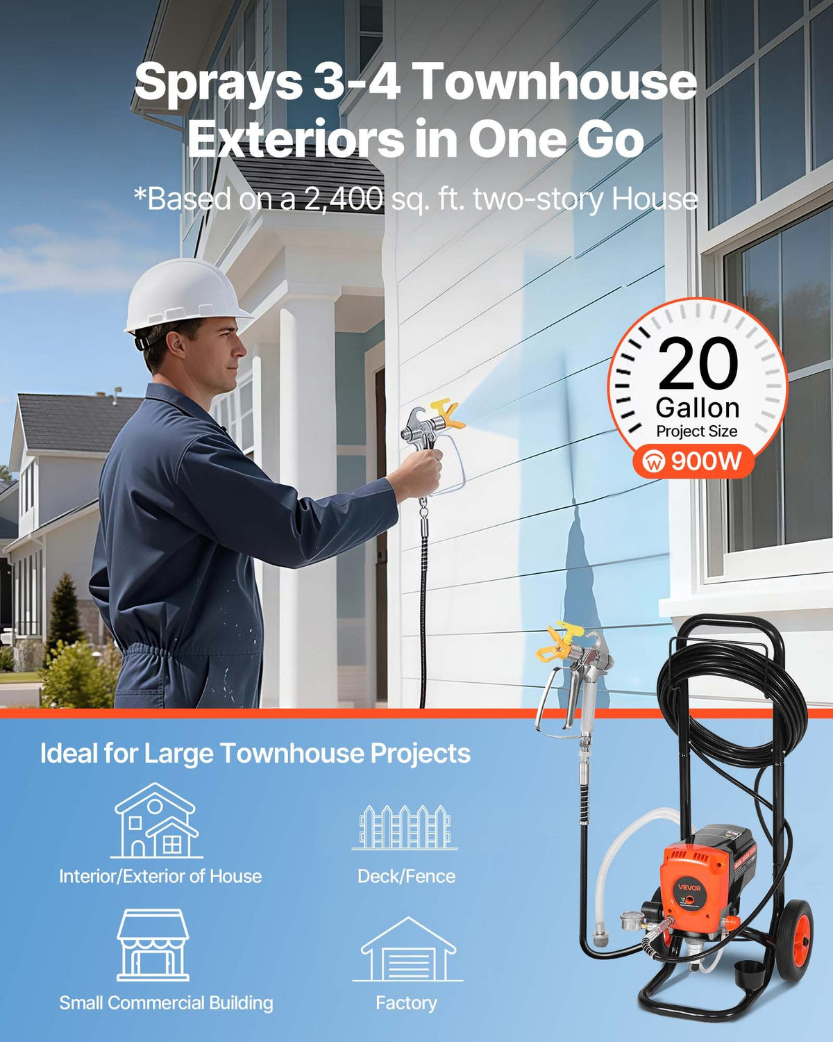 VEVOR Airless Paint Sprayer, 900 W, 22.8 MPa High-Pressure Airless Painting Machine with Cart, Cleaning Brush, Hose, Extension Rod and Nozzles, Electric Paint Sprayer for Indoor and Outdoor Work