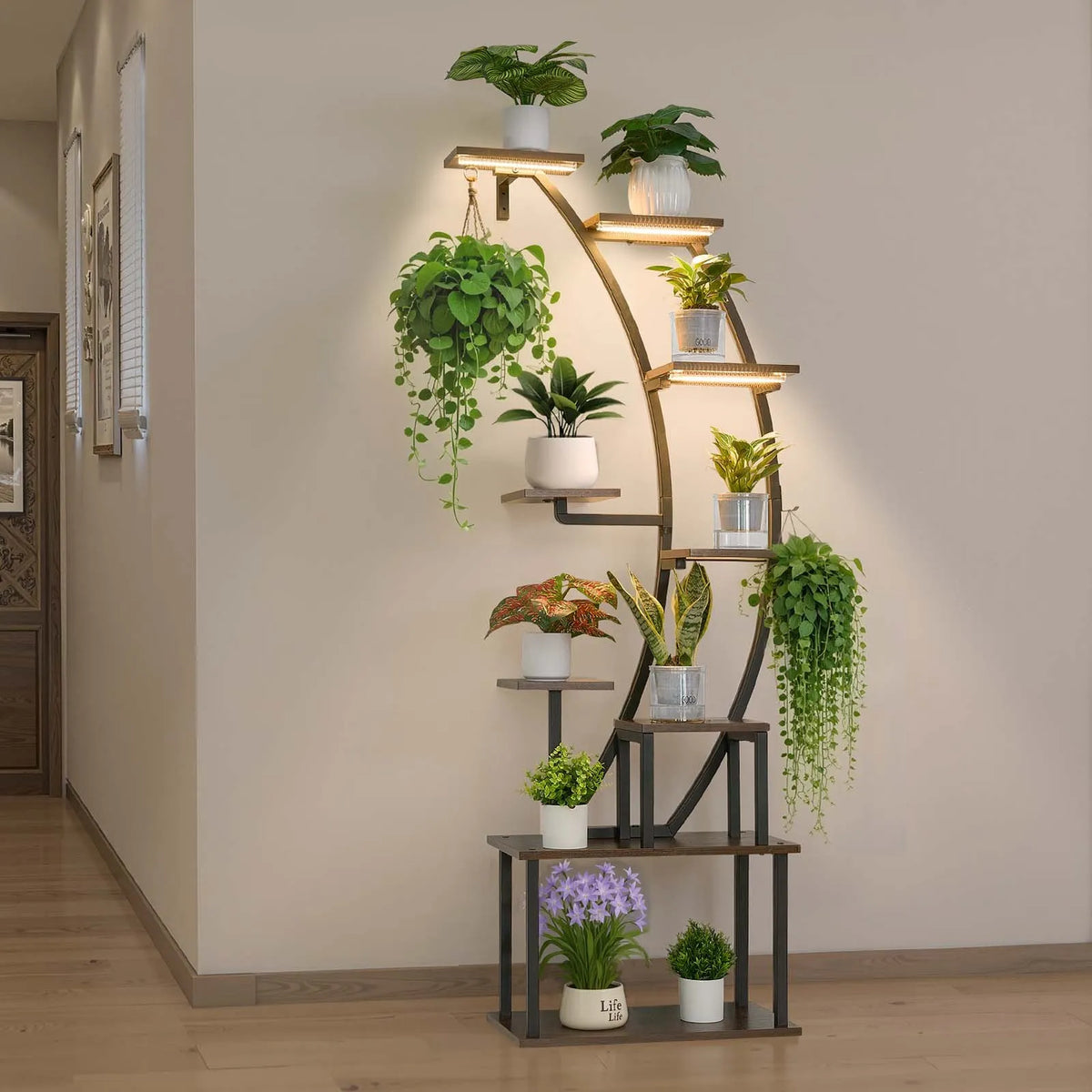VEVOR 9-Tier Indoor Plant Stand with Grow Lights, 160 cm Curved Metal Corner Shelf with Timer and 10 Brightness Levels, Plant and Flower Display Rack for Living Room and Balcony