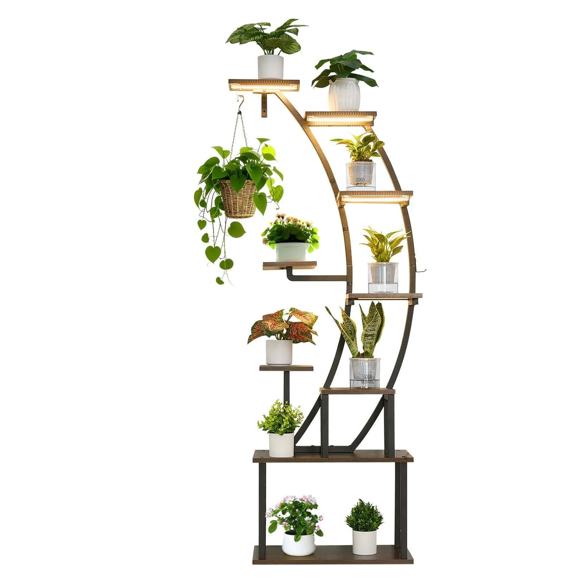 VEVOR 9-Tier Indoor Plant Stand with Grow Lights, 160 cm Curved Metal Corner Shelf with Timer and 10 Brightness Levels, Plant and Flower Display Rack for Living Room and Balcony
