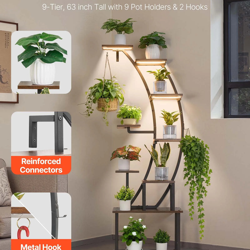 VEVOR 9 līmeņu iekštelpu augu statīvs ar audzēšanas gaismām, 160 cm liektas formas metāla stūra plaukts ar taimeri un 10 spilgtuma līmeņiem, augu un ziedu ekspozīcijas statīvs dzīvojamai istabai un balkonam