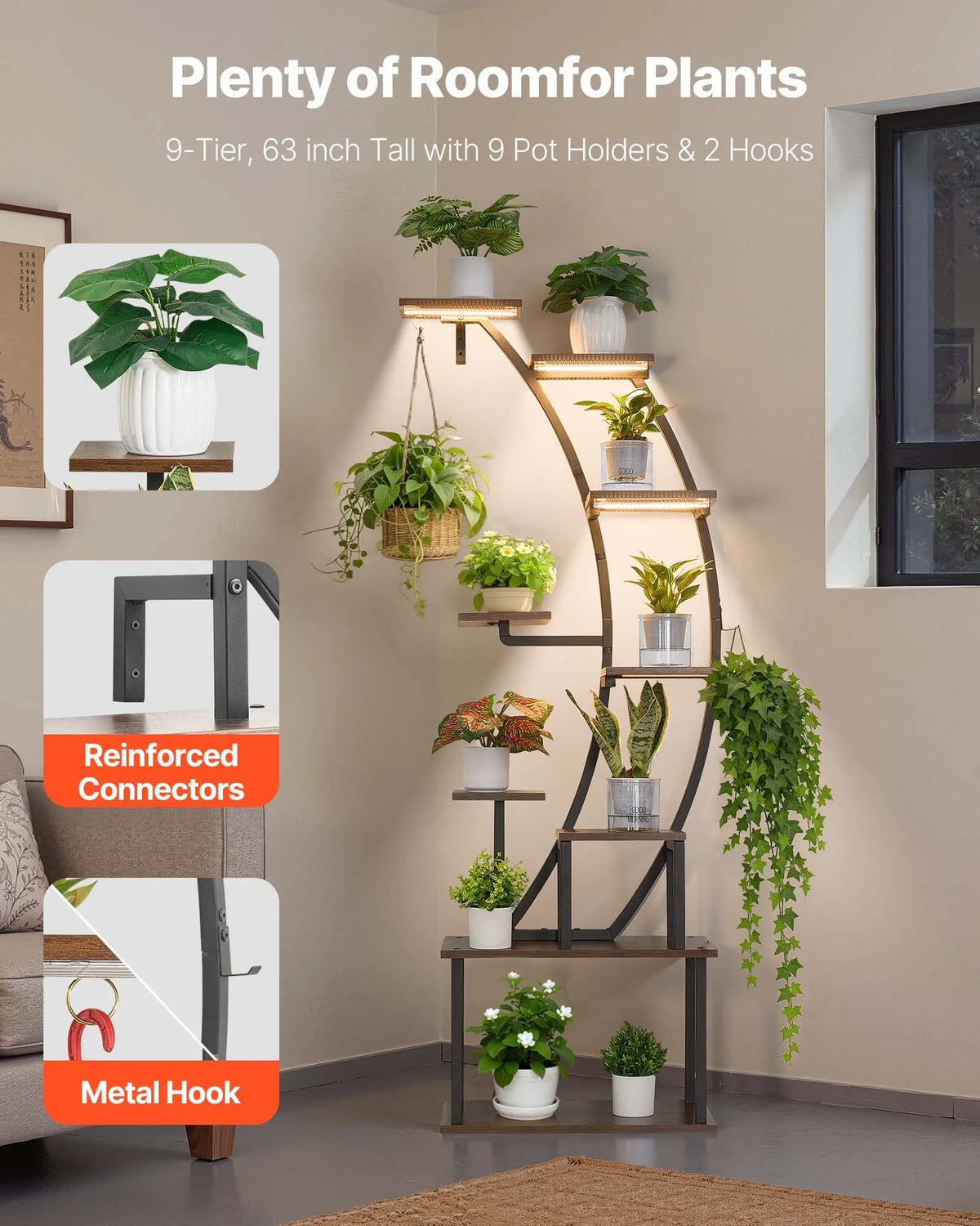 VEVOR 9-Tier Indoor Plant Stand with Grow Lights, 160 cm Curved Metal Corner Shelf with Timer and 10 Brightness Levels, Plant and Flower Display Rack for Living Room and Balcony