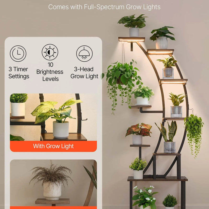 VEVOR 9 līmeņu iekštelpu augu statīvs ar audzēšanas gaismām, 160 cm liektas formas metāla stūra plaukts ar taimeri un 10 spilgtuma līmeņiem, augu un ziedu ekspozīcijas statīvs dzīvojamai istabai un balkonam