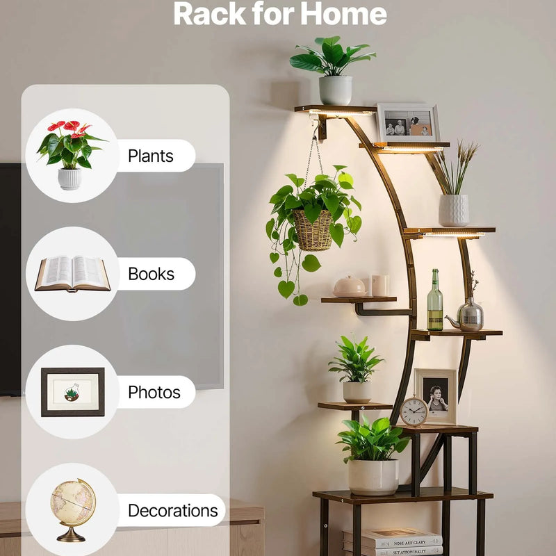 VEVOR 9 līmeņu iekštelpu augu statīvs ar audzēšanas gaismām, 160 cm liektas formas metāla stūra plaukts ar taimeri un 10 spilgtuma līmeņiem, augu un ziedu ekspozīcijas statīvs dzīvojamai istabai un balkonam