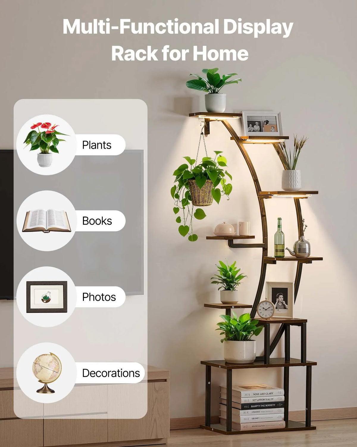 VEVOR 9-Tier Indoor Plant Stand with Grow Lights, 160 cm Curved Metal Corner Shelf with Timer and 10 Brightness Levels, Plant and Flower Display Rack for Living Room and Balcony